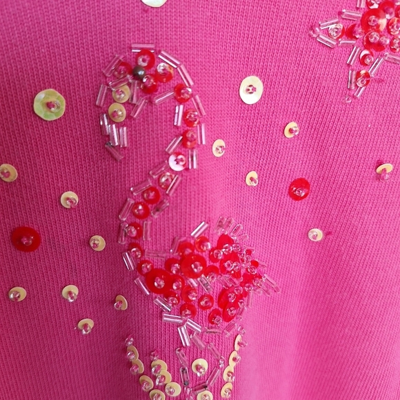 Quacker Factory Pullover Pink Sequins V Neck SzXL 3/4Sleeves 100% Cotton Quality - Picture 6 of 10